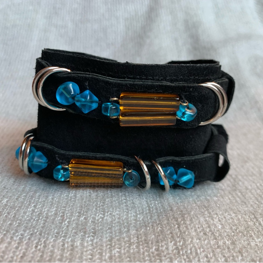 Hand crafted - Black Leather Cuff blue beads metal pieces ajustable bracelet